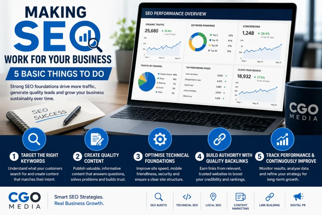 Business owner reviewing SEO strategy with charts, rankings and website growth metrics