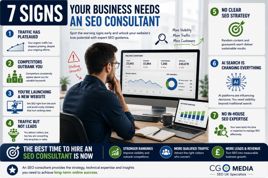 7 signs your business needs an SEO consultant infographic showing traffic growth, competitor analysis, AI search and SEO strategy