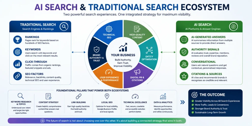 AI search and traditional search ecosystem showing how SEO, content, authority, technical SEO and digital PR work together to improve online visibility
