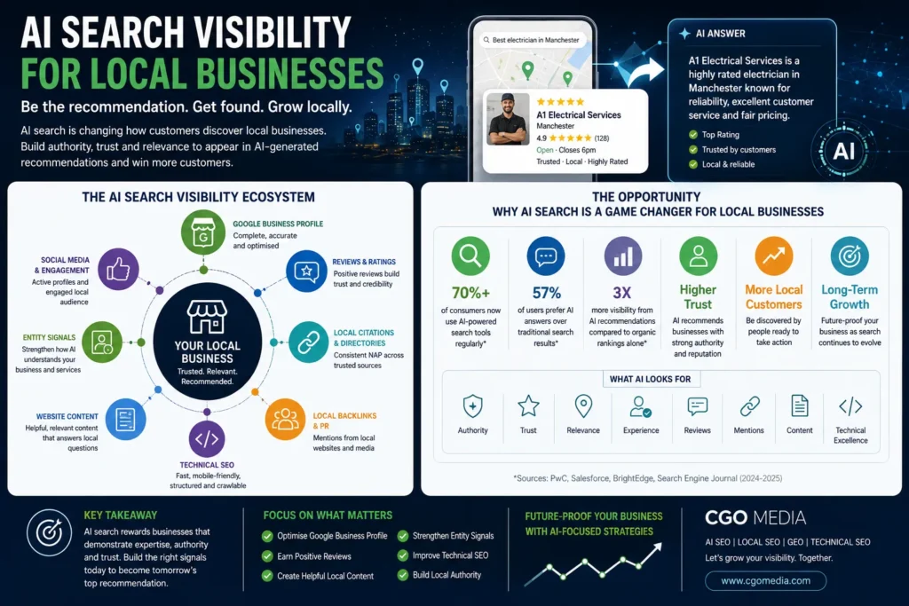 AI search visibility ecosystem showing opportunities for local businesses through authority, reviews, technical SEO and entity optimisation