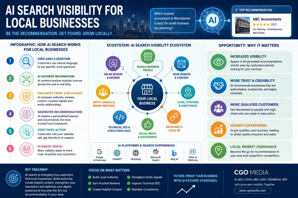 AI search visibility infographic showing how local businesses improve authority, trust and AI-powered search recommendations