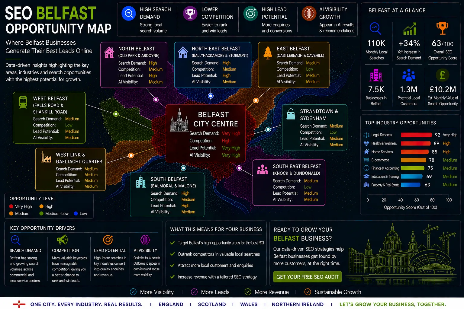 Belfast SEO Opportunity Map showing local search demand, lead generation hotspots, AI visibility opportunities and SEO growth areas.