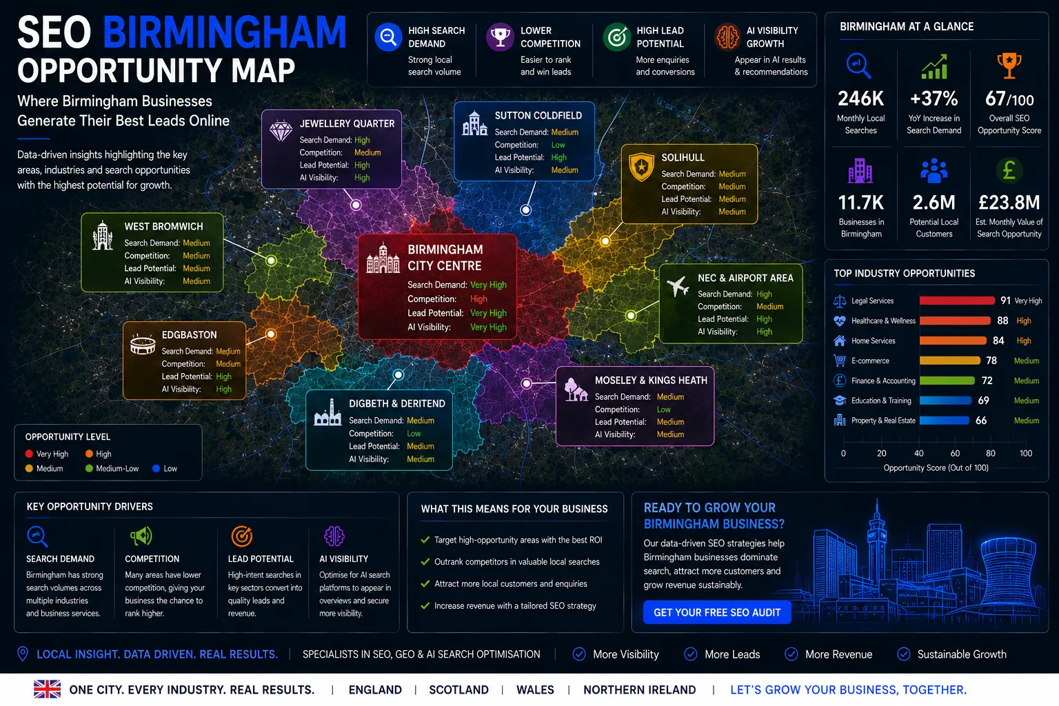 Birmingham SEO Opportunity Map showing local search demand, lead generation hotspots, AI visibility opportunities and SEO growth areas.