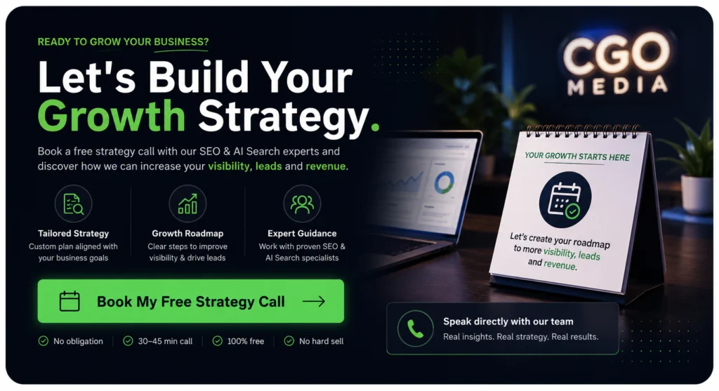 Book a free SEO and AI Search strategy call with CGO Media. Professional digital marketing banner featuring growth strategy messaging, SEO experts, AI search optimisation, and a call-to-action button for a free consultation.