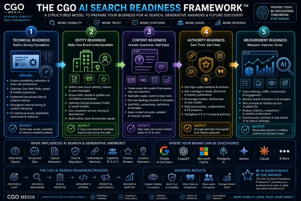 The CGO AI Search Readiness Framework showing technical SEO, entity clarity, content authority, AI citations and generative search visibility