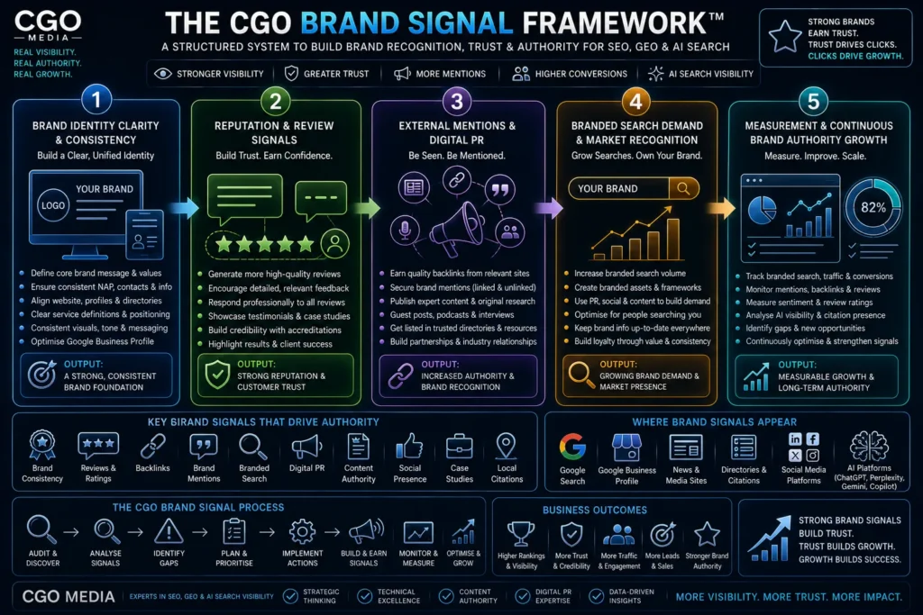 The CGO Brand Signal Framework showing brand mentions, trust signals, reputation, authority, branded search and AI visibility