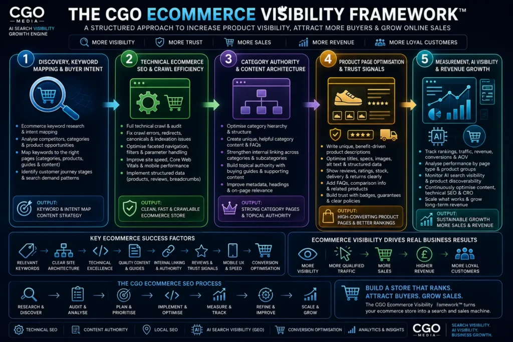 The CGO Ecommerce Visibility Framework showing ecommerce SEO, product visibility, category optimisation, technical SEO and online sales growth