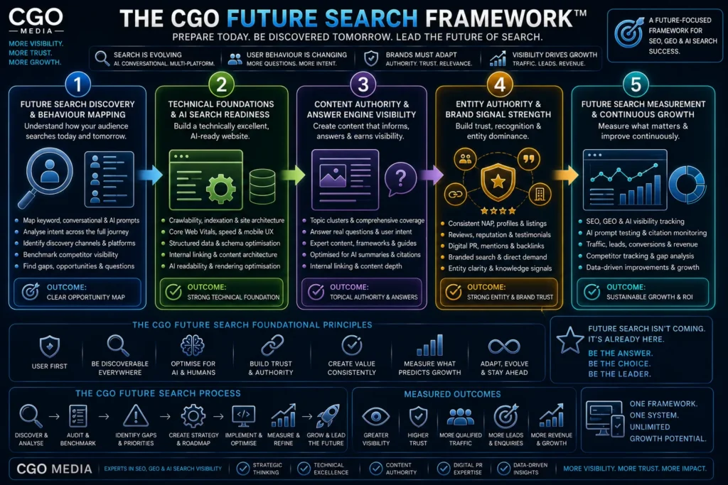 The CGO Future Search Framework showing SEO, GEO, AI search, entity authority, brand signals and future search visibility 