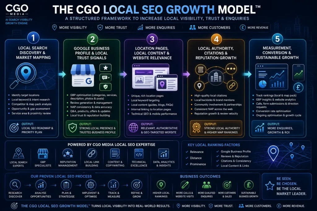 The CGO Local SEO Growth Model showing Google Business Profile optimisation, local rankings, reviews, citations and local lead generation