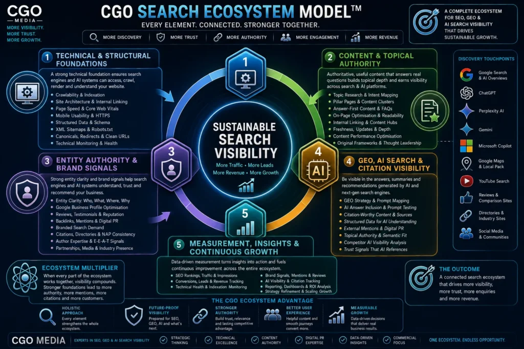 CGO Search Ecosystem Model showing SEO, GEO, AI search, technical SEO, content authority, brand signals and visibility growth
