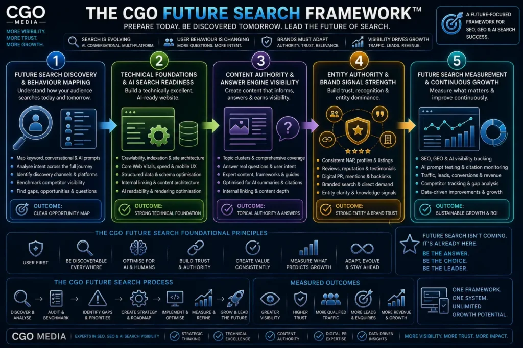 The CGO Search Visibility Score Methodology showing SEO performance, AI visibility, technical health, content authority and brand strength scoring