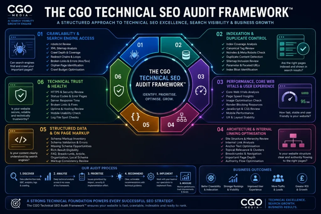 The CGO Technical SEO Audit Framework showing crawlability, indexation, site speed, structured data and website architecture