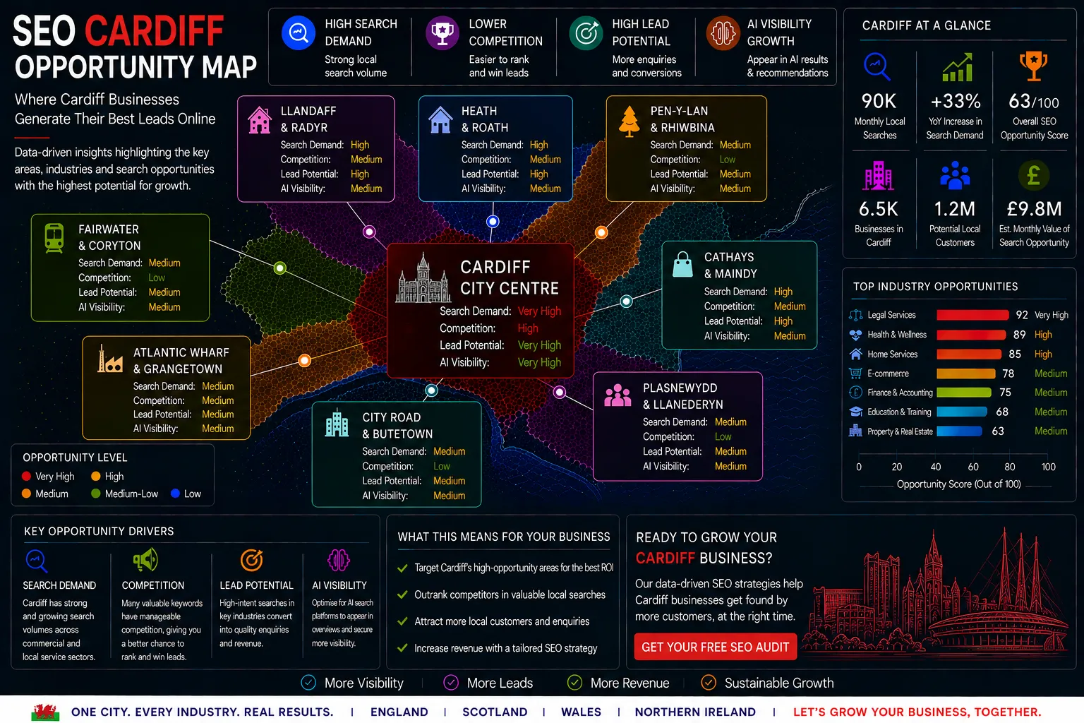 Cardiff SEO Opportunity Map showing local search demand, lead generation hotspots, AI visibility opportunities and SEO growth areas.