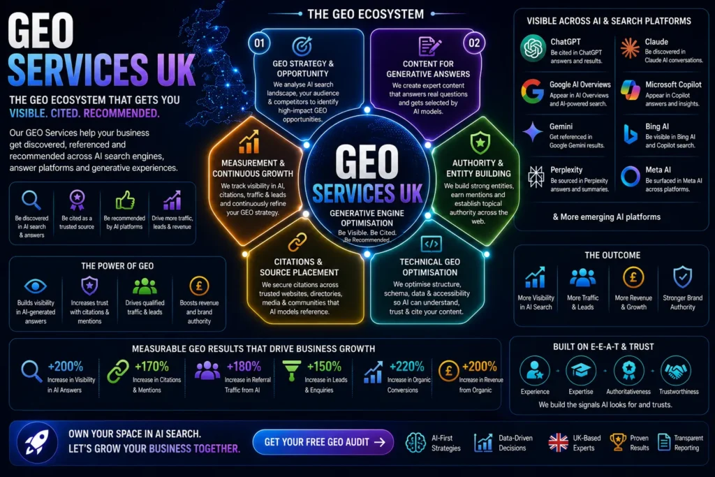 GEO Services UK ecosystem diagram showing GEO strategy, AI content creation, entity authority, citations, technical GEO optimisation and AI search visibility across major AI platforms.