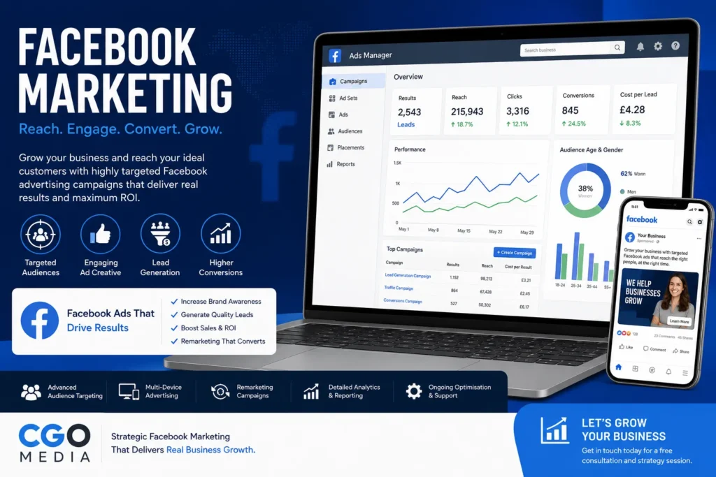 Facebook marketing campaign dashboard showing audience targeting and advertising performance