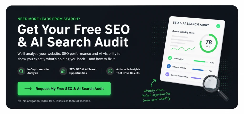 Book a free SEO and AI Search strategy call with CGO Media. Marketing banner featuring a growth roadmap, SEO experts, AI search optimisation, lead generation strategy, and a prominent call-to-action button.
