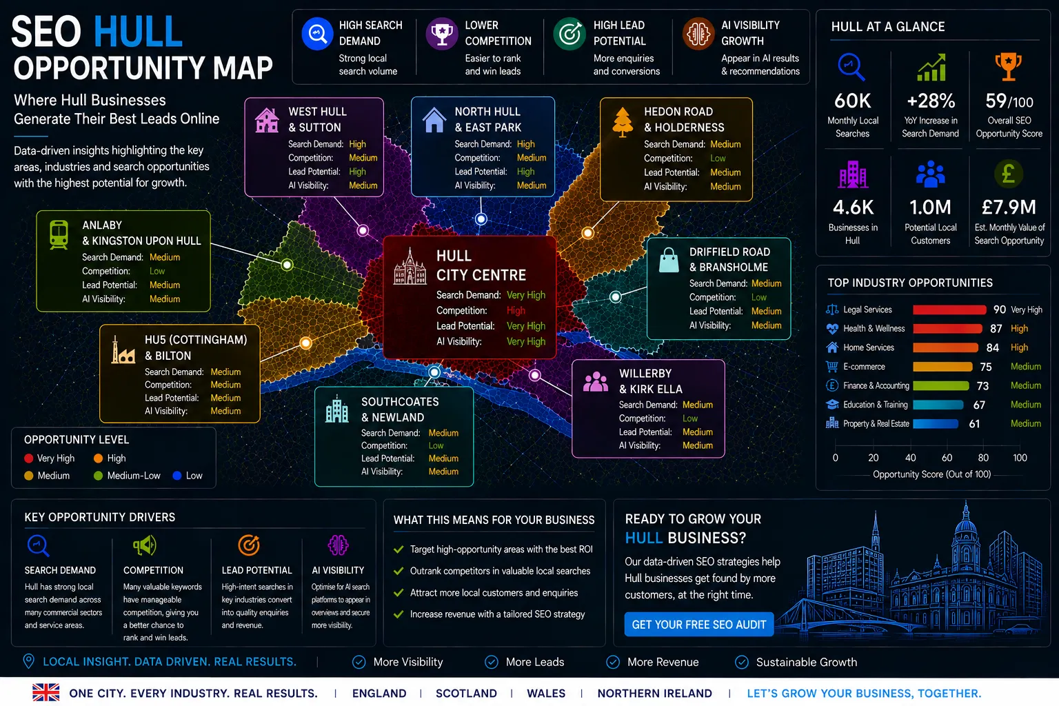 Hull SEO Opportunity Map showing local search demand, lead generation hotspots, AI visibility opportunities and SEO growth areas.