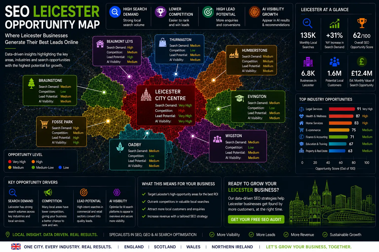 Leicester SEO Opportunity Map showing local search demand, lead generation hotspots, AI visibility opportunities and SEO growth areas.