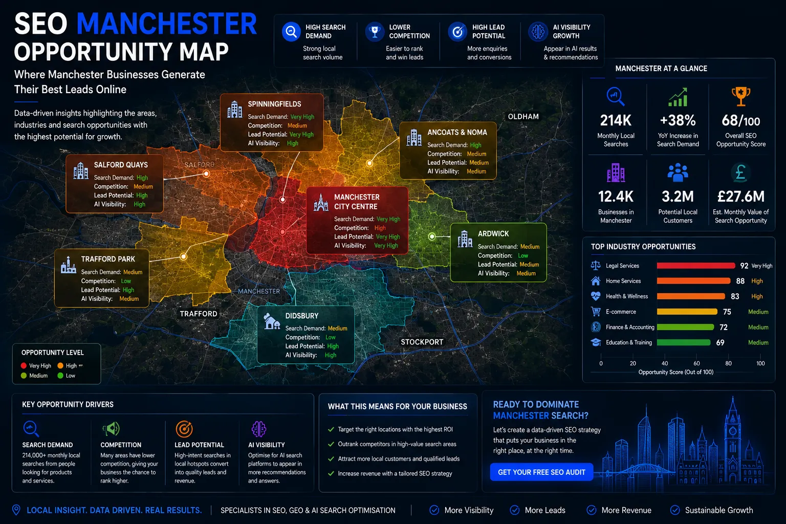 Manchester SEO Opportunity Map showing local search demand, lead generation hotspots, AI visibility opportunities and SEO growth areas.