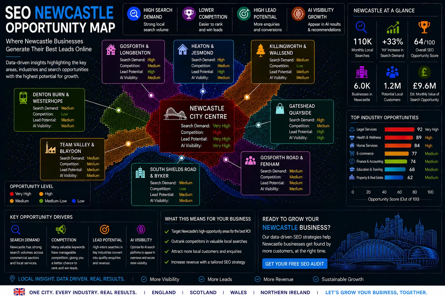 Newcastle SEO Opportunity Map showing local search demand, lead generation hotspots, AI visibility opportunities and SEO growth areas.