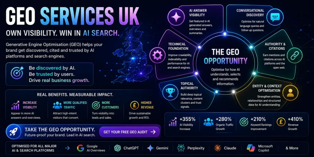 GEO Services UK opportunity map showing AI Answer Visibility, Conversational Discovery, Authority and Citations, Entity Optimisation, Topical Authority and Technical Foundation for AI search success.