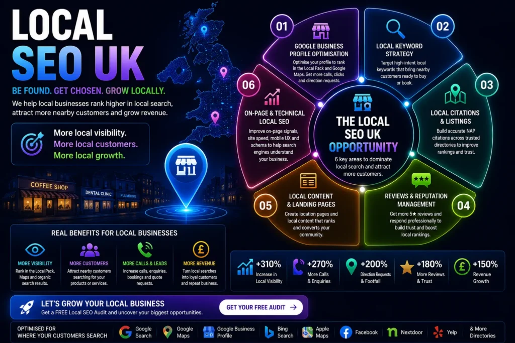Local SEO UK opportunity map showing Google Business Profile optimisation, local keyword strategy, local citations, review management, local content and technical local SEO.