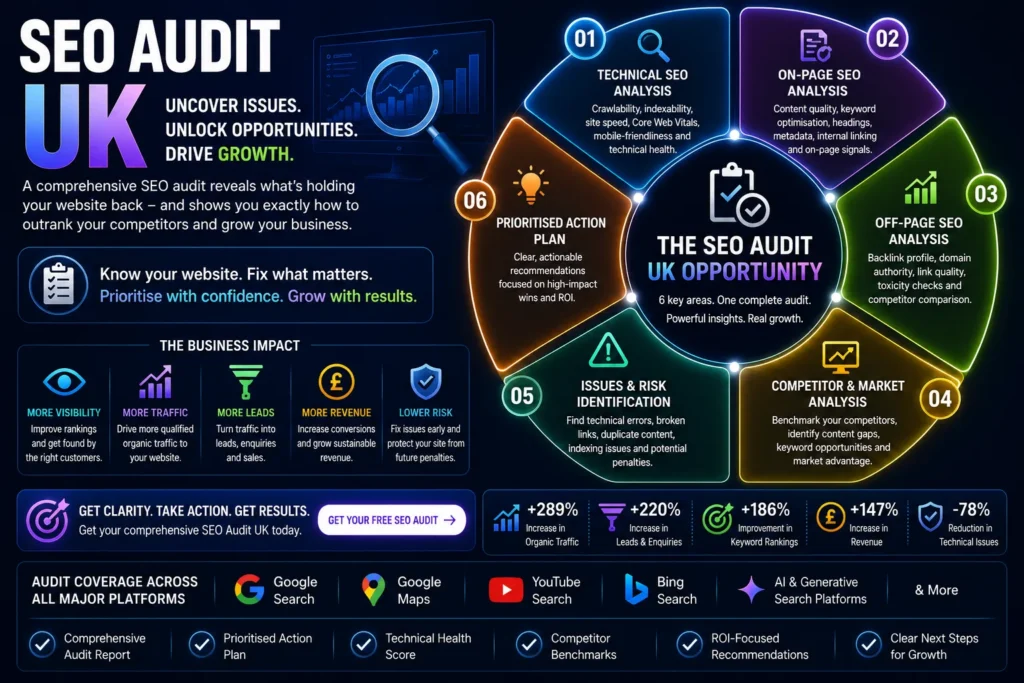 SEO Audit UK opportunity map showing technical SEO analysis, on-page SEO, off-page SEO, competitor analysis, issue identification and prioritised action planning.