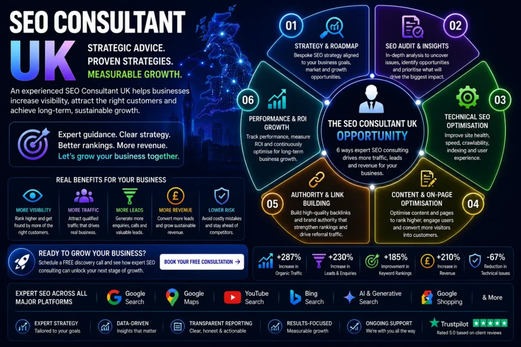 SEO Consultant UK opportunity map showing SEO strategy, technical guidance, content planning, competitor analysis, performance tracking and business growth consulting.