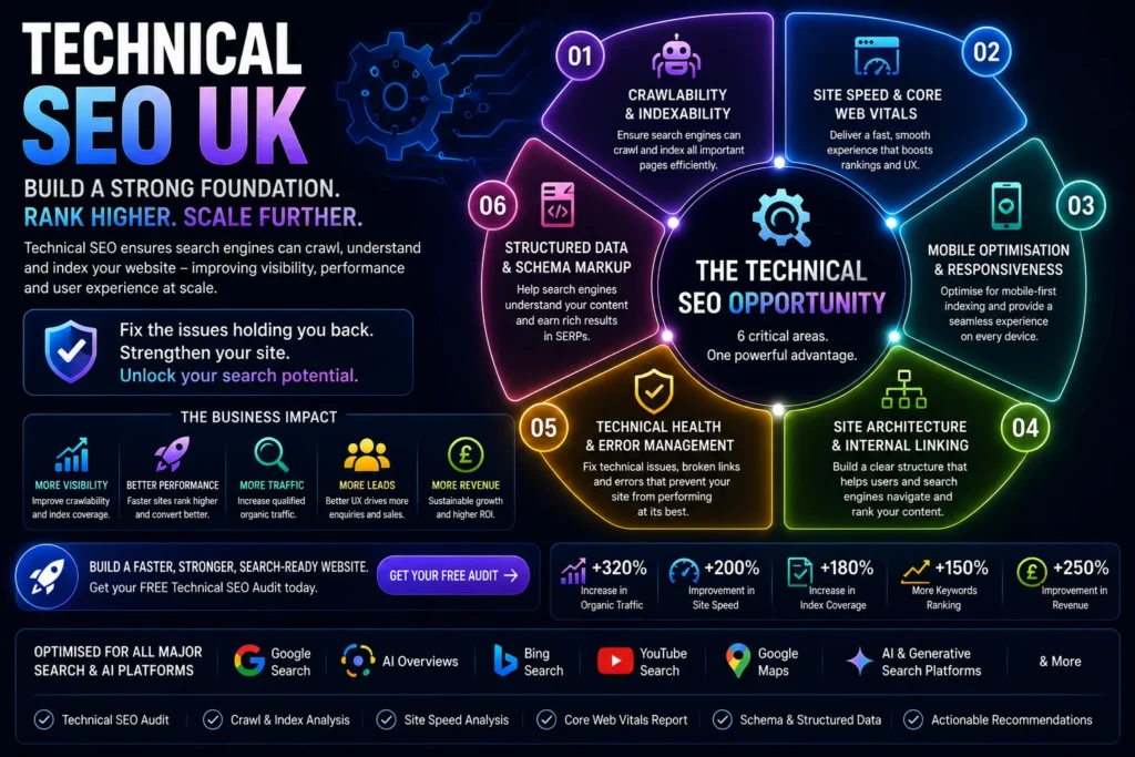 Technical SEO UK opportunity map showing crawlability, site speed, mobile optimisation, site architecture, technical health and schema markup for improved search visibility.