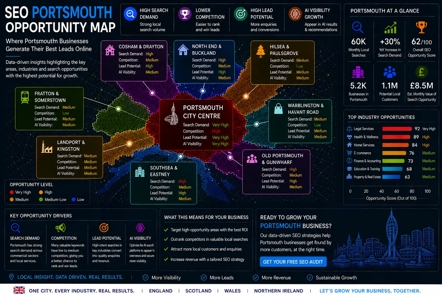 Portsmouth SEO Opportunity Map showing local search demand, lead generation hotspots, AI visibility opportunities and SEO growth areas.