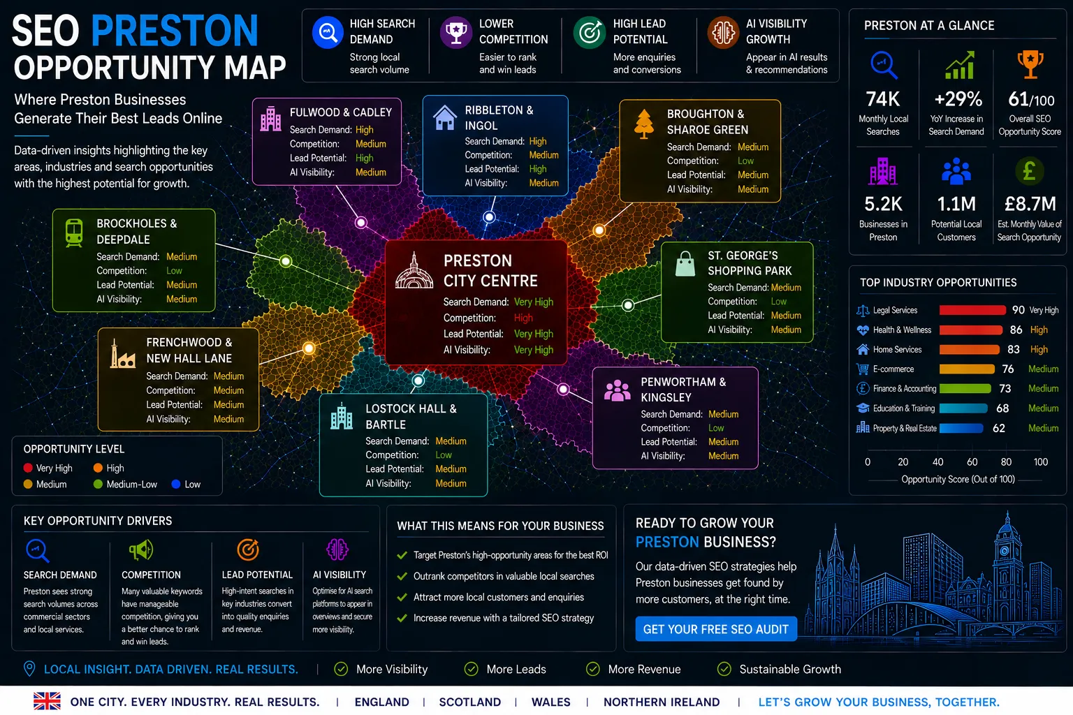 Preston SEO Opportunity Map showing local search demand, lead generation hotspots, AI visibility opportunities and SEO growth areas.