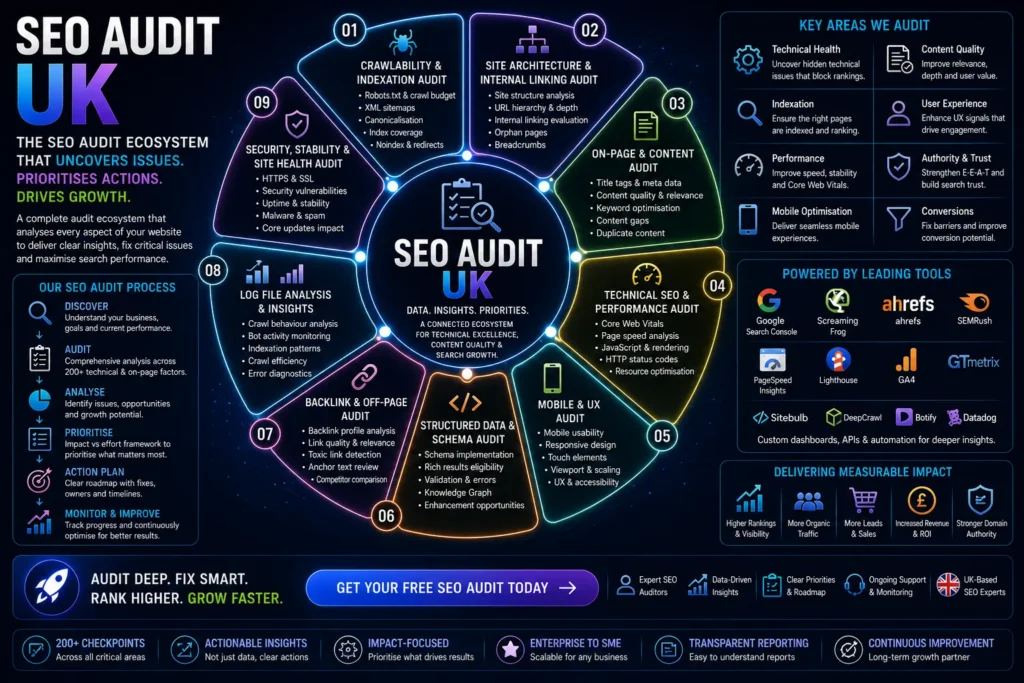 SEO Audit UK ecosystem diagram showing technical audits, content analysis, crawlability, site architecture, backlink audits, schema audits, UX reviews and SEO performance monitoring.