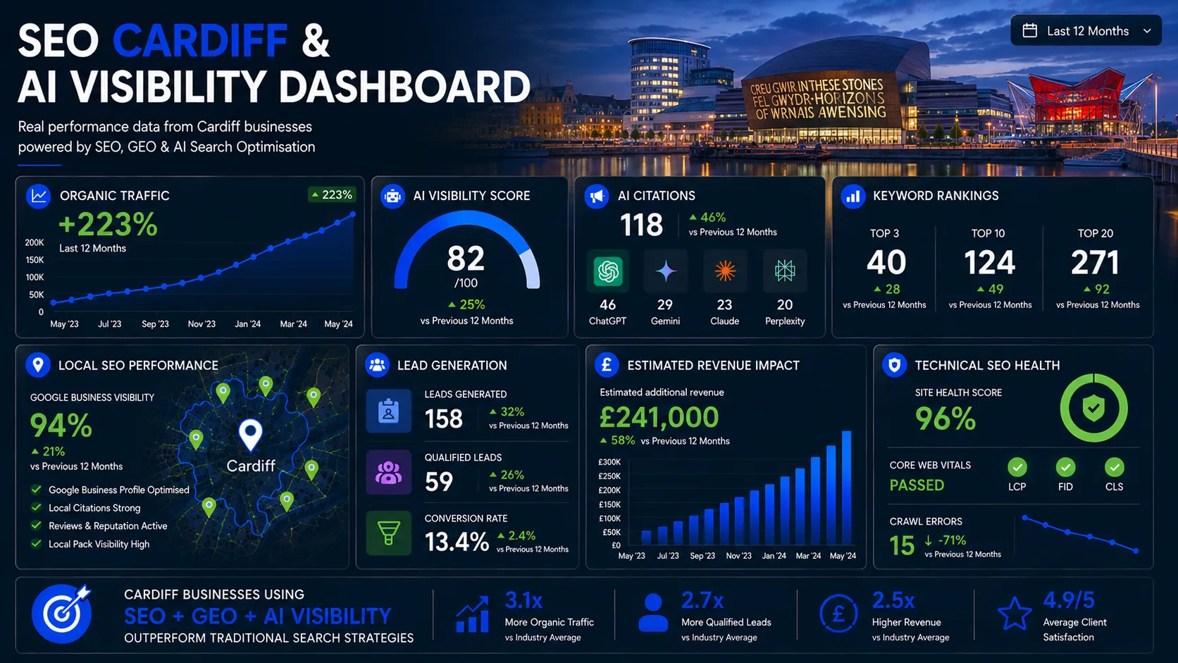 Cardiff SEO dashboard showing AI visibility, organic traffic growth, keyword rankings, local SEO performance and lead generation metrics.