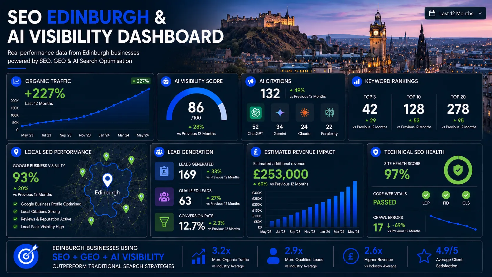 Edinburgh SEO dashboard showing AI visibility, organic traffic growth, keyword rankings, local SEO performance and lead generation metrics.