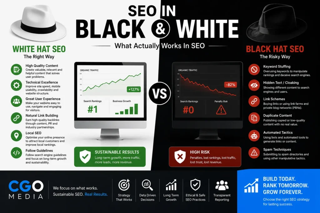 White hat and black hat SEO comparison showing ethical and risky optimisation strategies