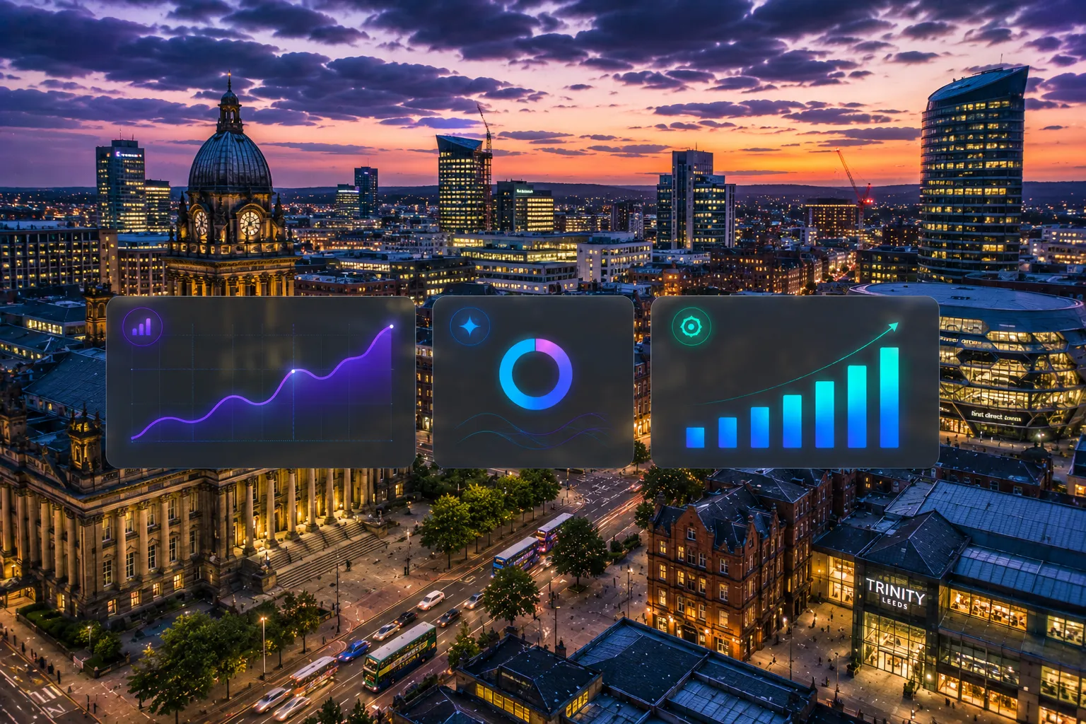 SEO Leeds - Aerial view of the Leeds skyline with SEO analytics, AI search visibility and digital marketing growth charts