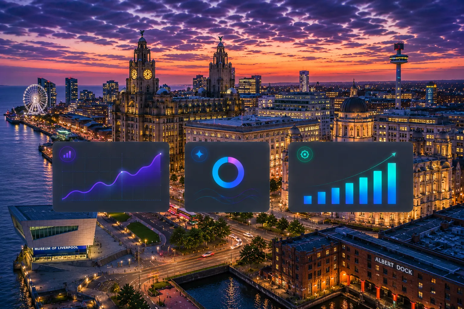 SEO Liverpool Aerial view of the Liverpool skyline with SEO analytics, AI search visibility and digital marketing growth charts