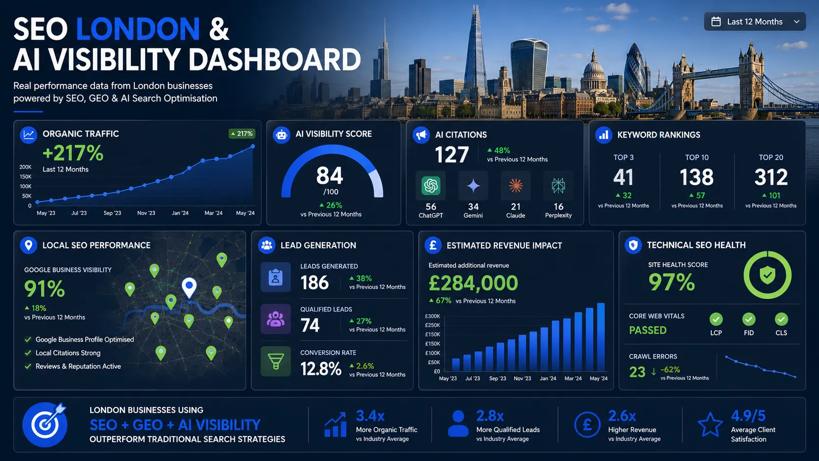 London SEO dashboard showing AI visibility, organic traffic growth, keyword rankings, local SEO performance and lead generation metrics.