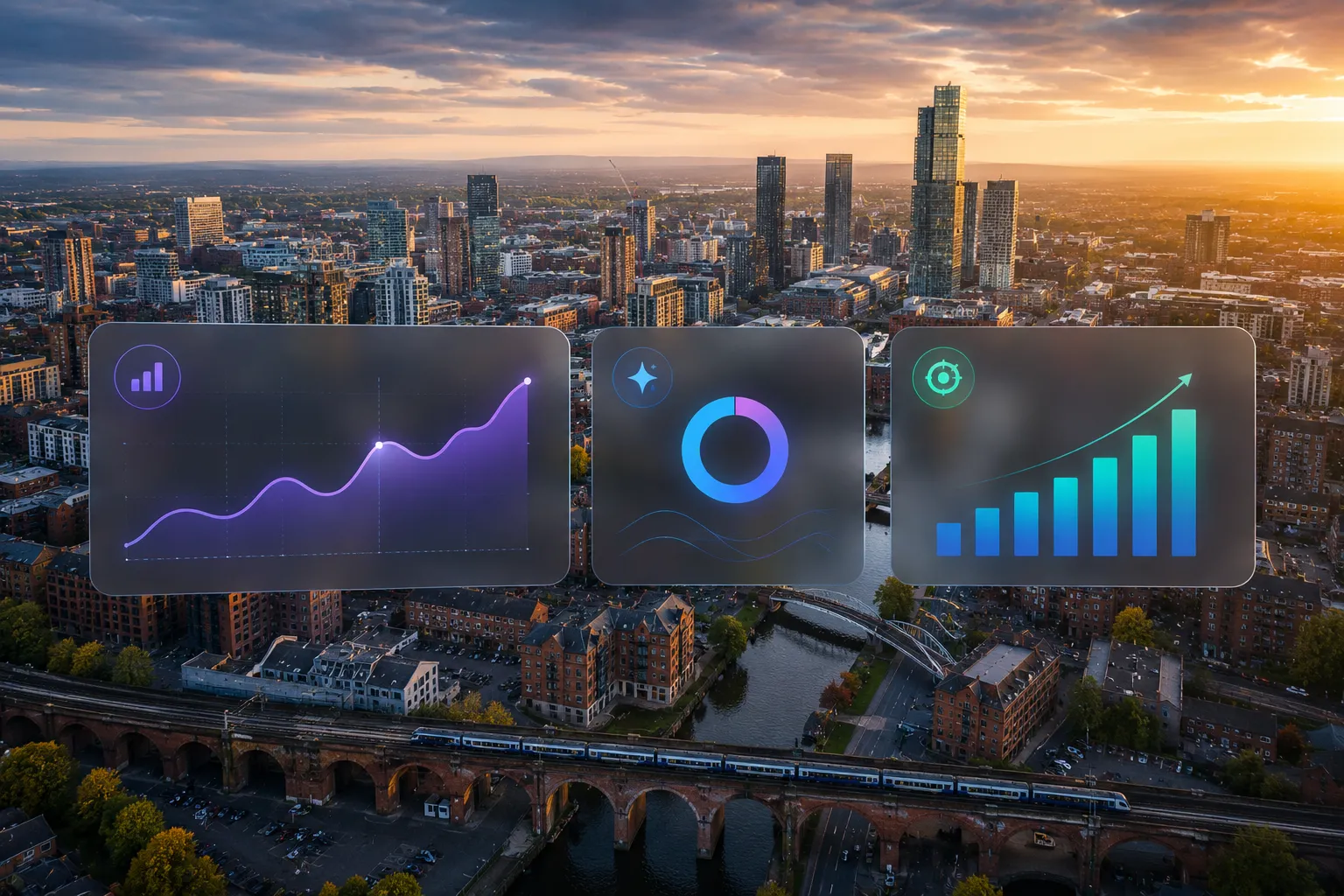 SEO Manchester Hero image SEO Manchester Aerial view of the Manchester skyline with SEO analytics, AI search visibility and digital marketing growth charts