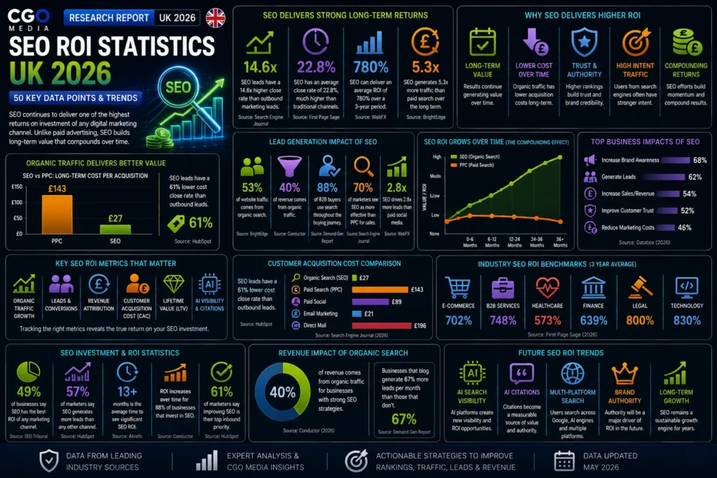 SEO ROI Statistics UK 2026 infographic showing return on investment, organic traffic growth, lead generation, customer acquisition and revenue performance trends
