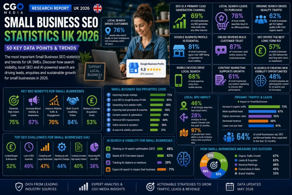 Small Business SEO Statistics UK 2026 infographic showing local search trends, organic traffic growth, lead generation and AI visibility insights
