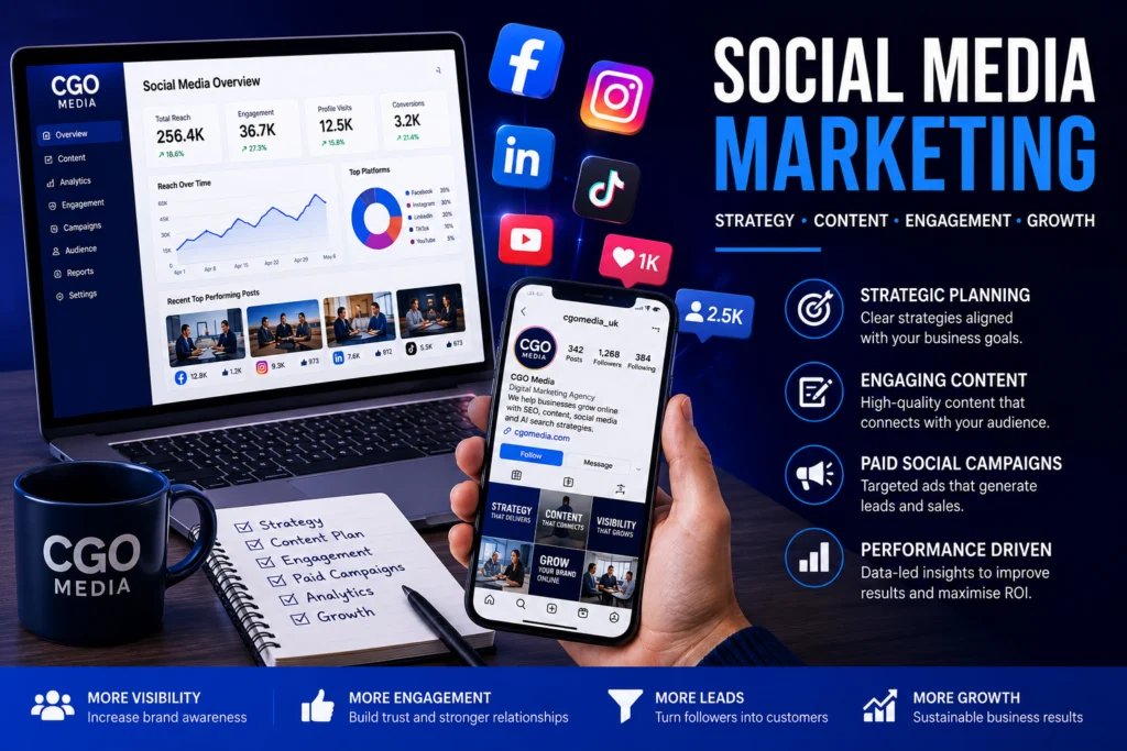 Social media marketing UK banner showing CGO Media analytics, content strategy, paid social campaigns and platform growth