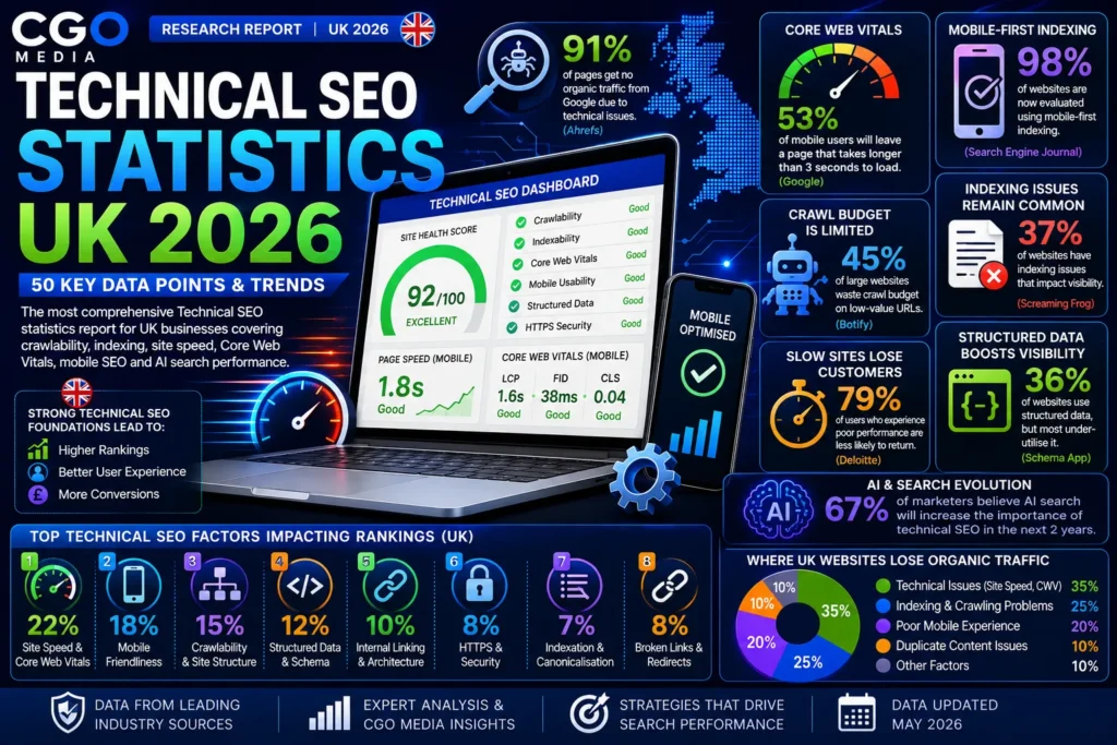 Technical SEO Statistics UK 2026 infographic showing Core Web Vitals, indexing, crawlability, mobile-first SEO and website performance trends