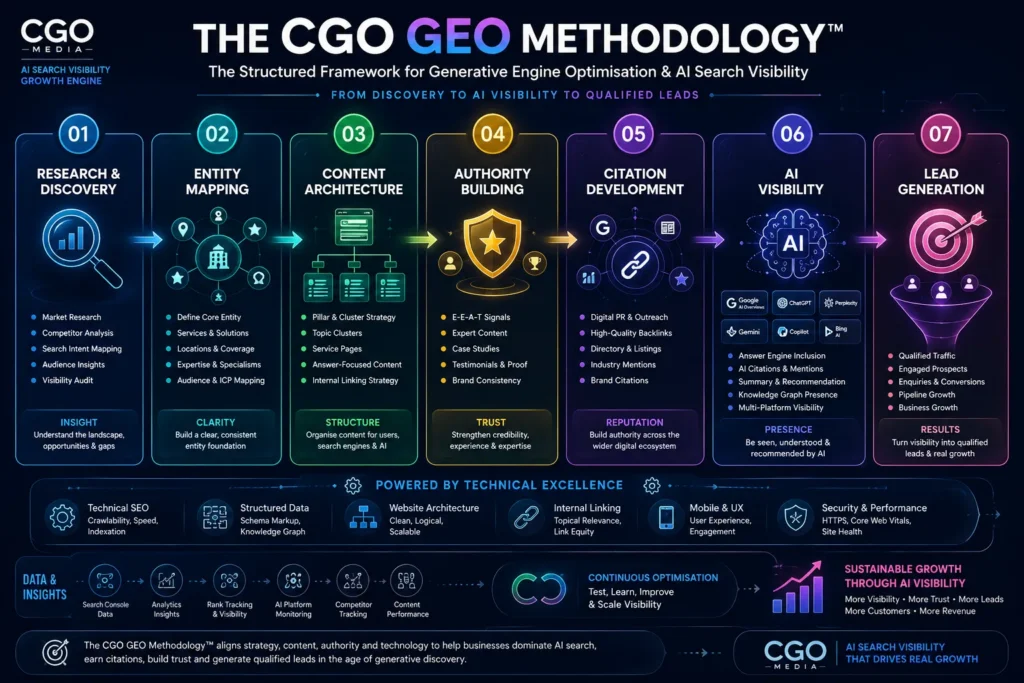 The CGO GEO Methodology framework showing how entity optimisation, content architecture and AI visibility work together to generate leads