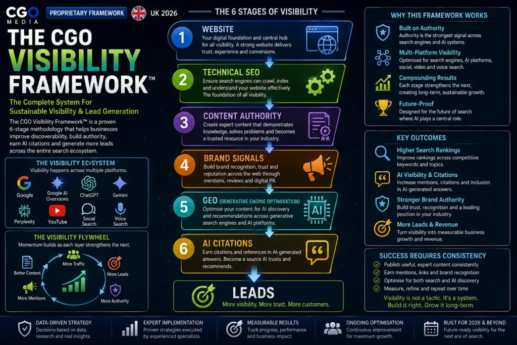 The CGO Visibility Framework infographic showing the six stages of modern search visibility including Website, Technical SEO, Content Authority, Brand Signals, GEO, AI Citations and Lead Generation.