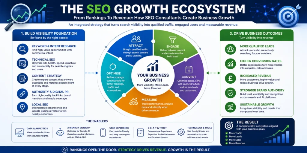 SEO Growth Ecosystem showing how SEO consultants turn search rankings into qualified traffic, leads and business revenue