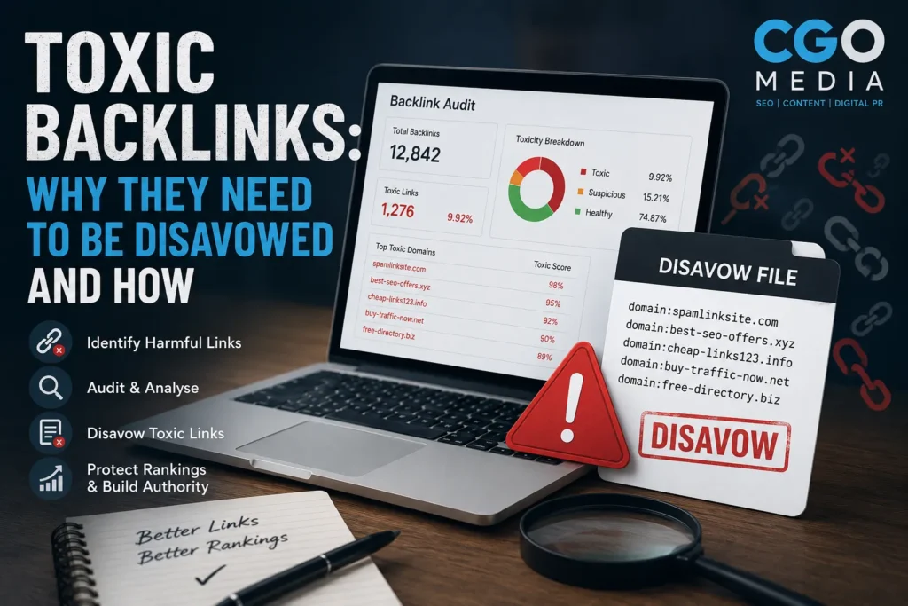 Toxic backlinks audit showing harmful links and disavow file for SEO protection