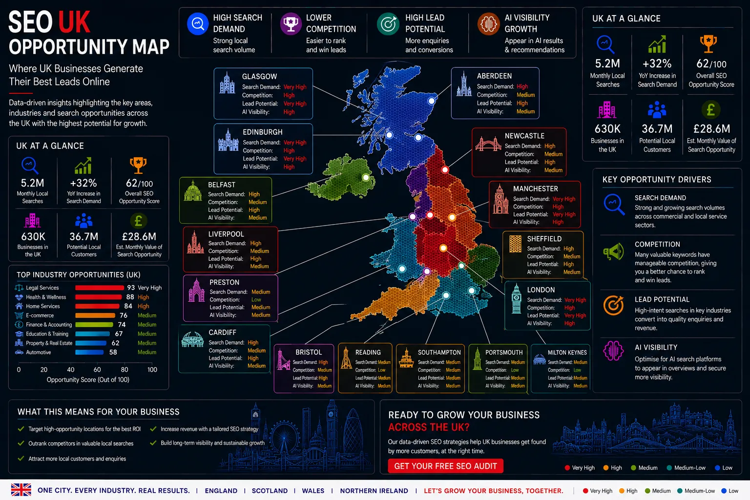 UK SEO Opportunity Map showing local search demand, lead generation hotspots, AI visibility opportunities and SEO growth areas.
