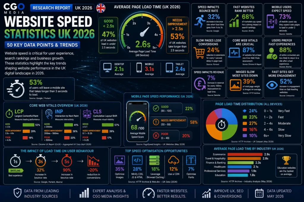 Website Speed Statistics UK 2026 infographic showing Core Web Vitals, page speed performance, mobile optimisation and conversion rate trends