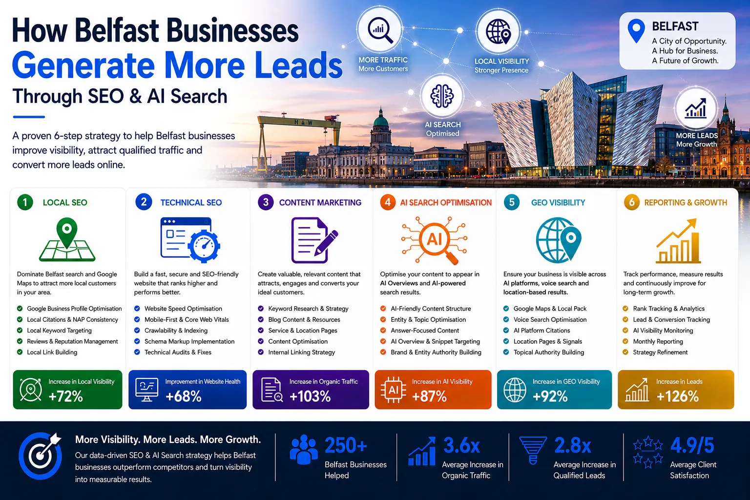 Belfast infographic showing how businesses generate more leads through SEO, AI Search Optimisation, GEO Visibility and digital marketing growth strategies.